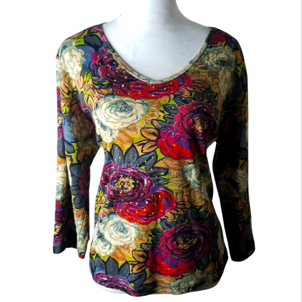 Norm Thompson Vibrant Jewel Tone Sequin Detail Flower Print 100% Cotton Top